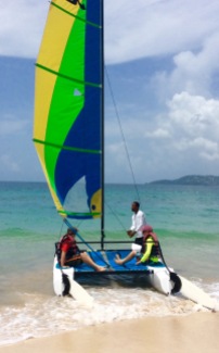 R&R heading out on the Hobie Cat, Grand Anse Beach, Grenada