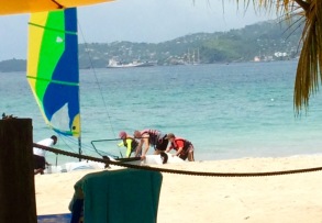 Ryan, Randy, and Ronan getting ready to go out on the Hobie Cat, Mount Cinnamon Resort, St. George's, Grenada
