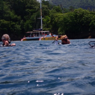 Capt. Ed & Mrs. Cheryl, getting into the water for dive #2, Molinere Bay, Grenada